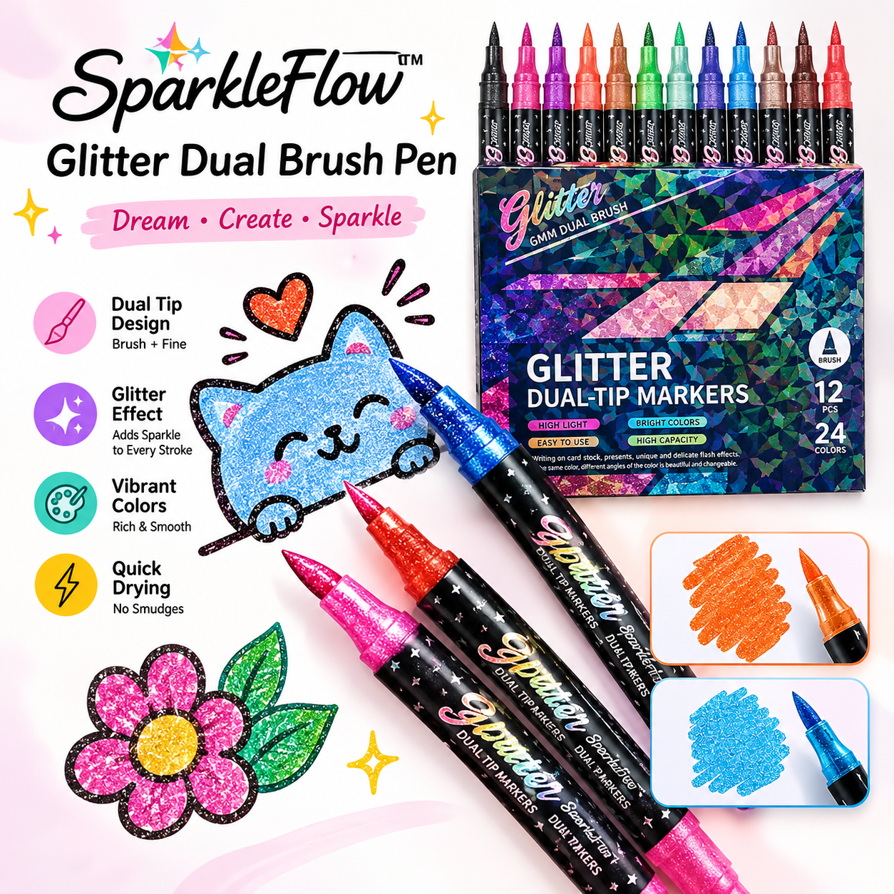 Starlit Brush Marker— 24 Glitter Colours